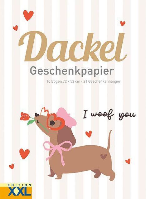 TEXT: Dackel Geschenkpapier, 10 Bögen 72 x 52 cm, 21 Geschenkanhänger, I woof you.  
Illustration: Dackel mit Herzbrille, Blume.