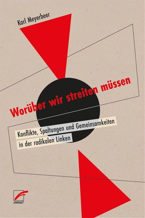 „Worüber wir streiten müssen“ von Karl Meyerbeer. Untertitel: „Konflikte, Spaltungen und Gemeinsamkeiten in der radikalen Linken“. Geometrische Formen.