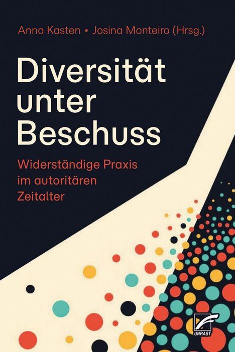 „Diversität unter Beschuss: Widerständige Praxis im autoritären Zeitalter“, bunte Punkte auf schwarzem Hintergrund, Unrast-Logo.