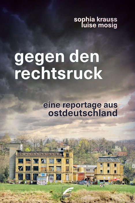 "Buchcover mit Text: 'sophia krauss, luise mosig, gegen den rechtsruck, eine reportage aus ostdeutschland'. Alte Fabrik, bewölkter Himmel."