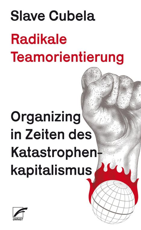 Logo: "UNRAST". Texte: Slave Cubela, Radikale Teamorientierung. Illustration: Faust über brennender Erdkugel.