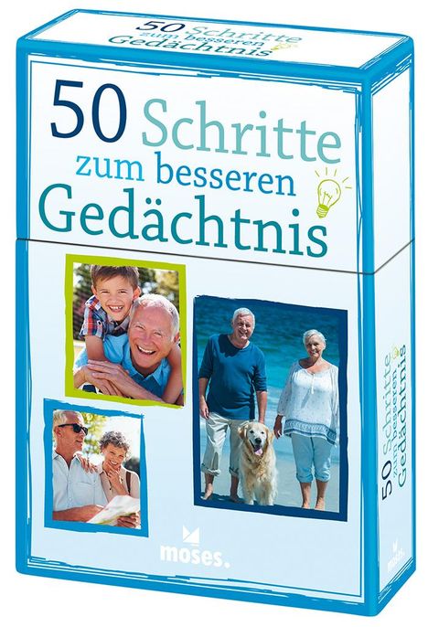 „50 Schritte zum besseren Gedächtnis“. Fotos von älteren Menschen mit Familie und Hund sowie ein Glühbirnen-Symbol.