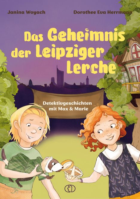 „Das Geheimnis der Leipziger Lerche. Detektivgeschichten mit Max & Marie.“ Zwei Kinder halten ein Tier in Kleidung.