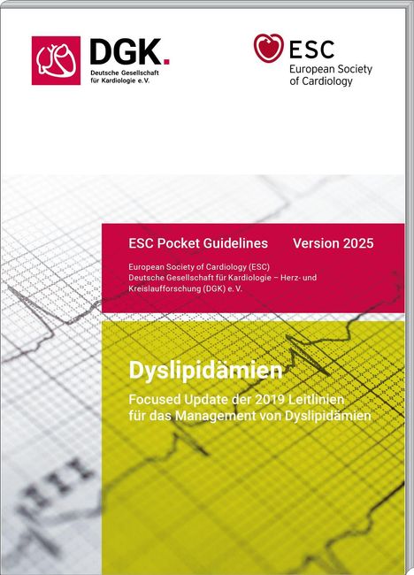 ESC Pocket Guidelines Version 2025: Dyslipidämien. Update der 2019 Leitlinien. Logos von DGK und ESC oben.