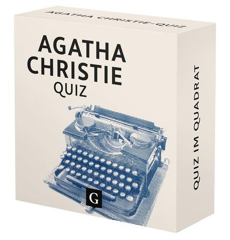 "AGATHA CHRISTIE QUIZ" und "QUIZ IM QUADRAT" steht auf einer Box. Illustration einer Schreibmaschine.