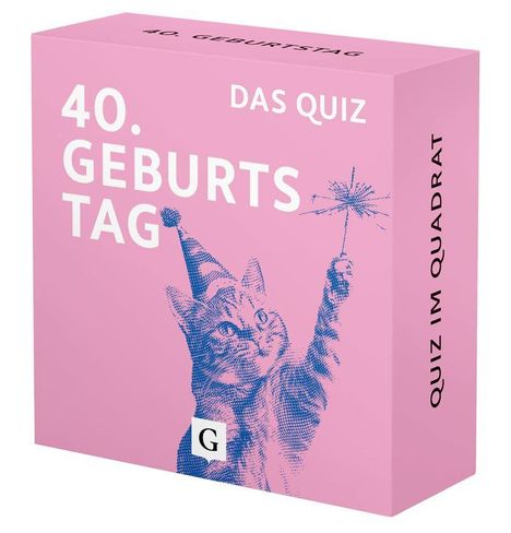 "40. Geburtstag Das Quiz" auf rosa Verpackung, Illustration einer Katze mit Partyhut und Wunderkerze, "Quiz im Quadrat" seitlich.