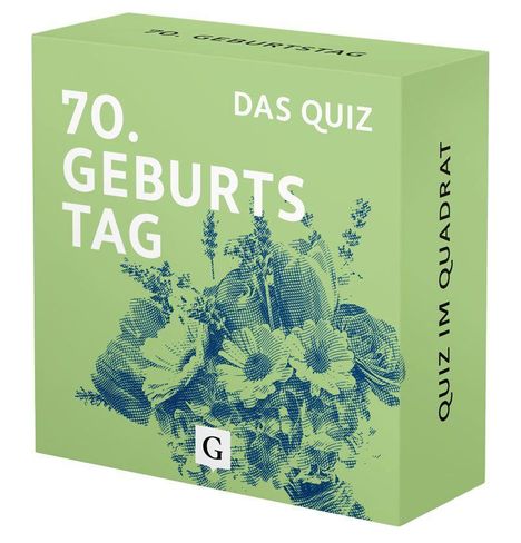 „70. Geburtstag“, „Das Quiz“, „Quiz im Quadrat“. Illustration von Blumen in Blau auf grünem Hintergrund.
