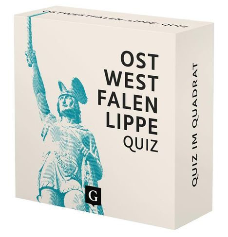 Auf einer Verpackung steht: "OSTWESTFALEN LIPPE QUIZ". Illustrativ ist ein blaues Denkmal abgebildet. Seitenaufschrift: "QUIZ IM QUADRAT".