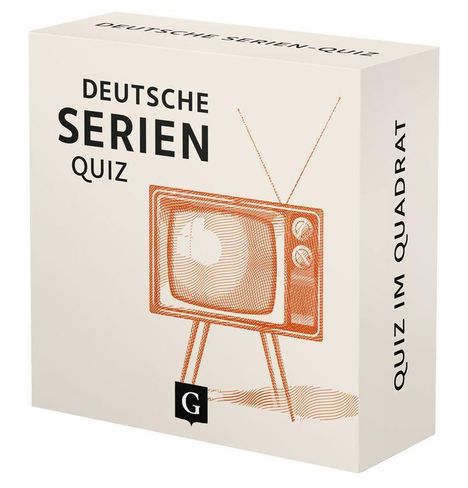 „DEUTSCHE SERIEN QUIZ“ und „QUIZ IM QUADRAT“. Illustration eines altmodischen Fernsehers in Orange.