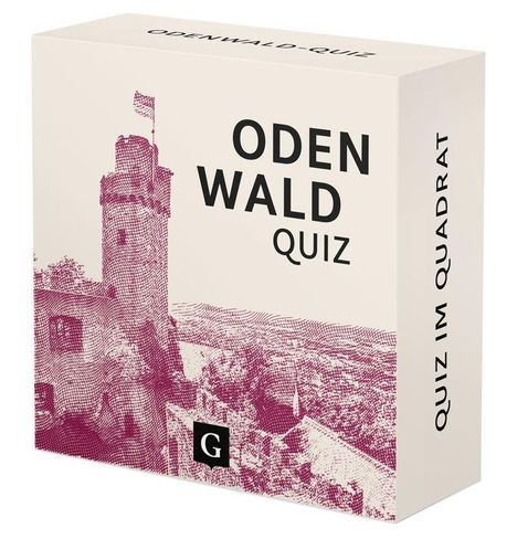 "ODENWALD QUIZ", "QUIZ IM QUADRAT". Illustration: Burg mit Turm, purpurn und beige gestaltet.