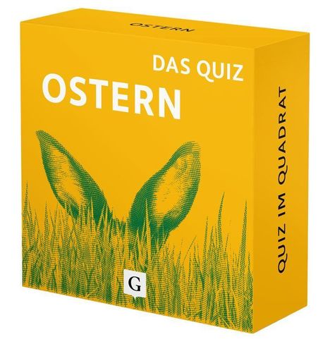 Gelbe Packung mit Texten "OSTERN - DAS QUIZ" und "QUIZ IM QUADRAT". Illustrationen von Hasenohren im Gras, darunter ein "G".
