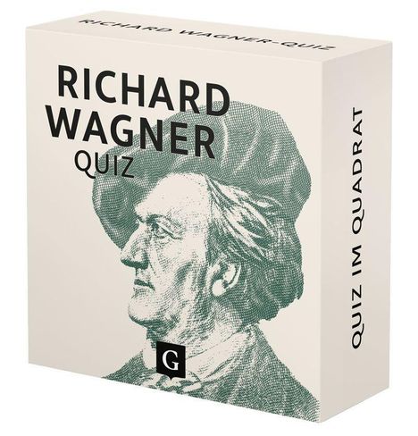 „RICHARD WAGNER QUIZ“, „QUIZ IM QUADRAT“. Illustration eines Mannes mit Hut im Profil und ein "G"-Logo.