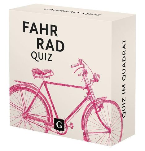 FAHRRAD QUIZ, QUIZ IM QUADRAT. Rotes Fahrrad als Illustration auf einer Schachtel.