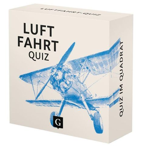 "Luftfahrt Quiz" und "Quiz im Quadrat" sind auf der Verpackung eines Kartenspiels mit einem blauen Doppeldecker-Flugzeug.