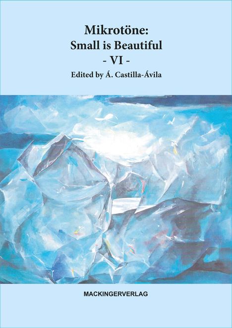 „Mikrotöne: Small is Beautiful - VI -“ und „MACKINGERVERLAG.“ Unter Text abstrakte blaue Form.