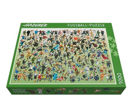 "FUSSBALL-PUZZLE" und "PUZZLE 1000" auf einer grünen Verpackung. Humorvolle Illustration mit vielen Menschen und Fußballmotiven.