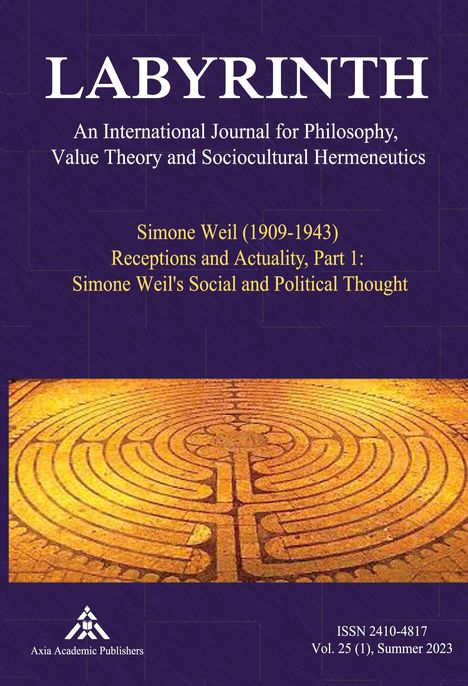 Zeitschriftcover mit Text zu Simone Weil und Bild eines Labyrinths. Logo unten; Thema: Philosophie und Hermeneutik.