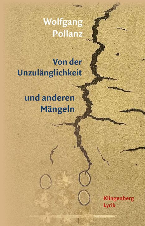 Text: "Wolfgang Pollanz, Von der Unzulänglichkeit und anderen Mängeln, Klingenberg Lyrik". Risse auf einer sandfarbenen Oberfläche.