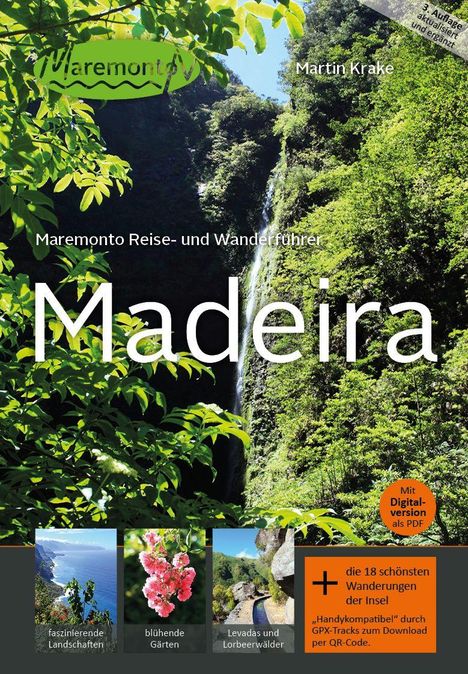Reiseführer "Madeira", grüne Landschaft, Wasserfall, "Mare" Logo oben links, "Martin Krake", orange Kreis mit Digitalhinweis.
