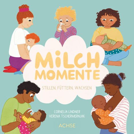 „Milch Momente: Stillen, Füttern, Wachsen“. Illustration mit Eltern, die ihre Babys stillen und füttern.