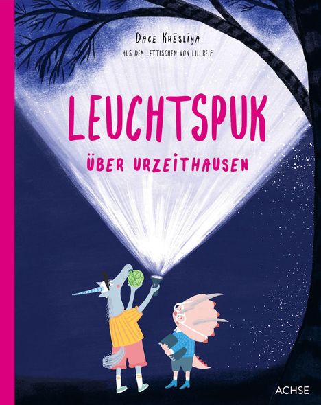 "LEUCHTSPUK ÜBER URZEITHAUSEN" steht in großen, pinken Buchstaben. Ein Einhorn und ein Dinosaurier leuchten mit Taschenlampen.