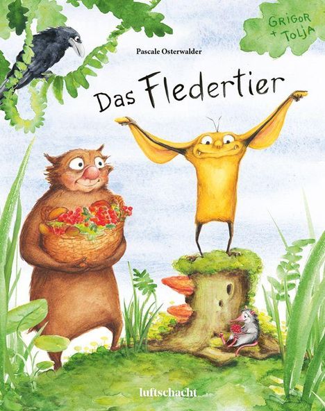 "Das Fledertier" von Pascale Osterwalder zeigt eine Illustration mit Tieren: ein gelbes Fledertier, ein Bär mit Körbchen und eine Ratte auf einem Baumstumpf.