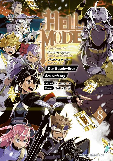 "Unterforderter Hardcore-Gamer findet die ultimative Challenge in einer anderen Welt. Der Beschwörer des Anfangs. Original Hamuo, Mo, Manga Tetta Enji." Anime-Stil, Figuren in Aktion, dynamischer Ausdruck.