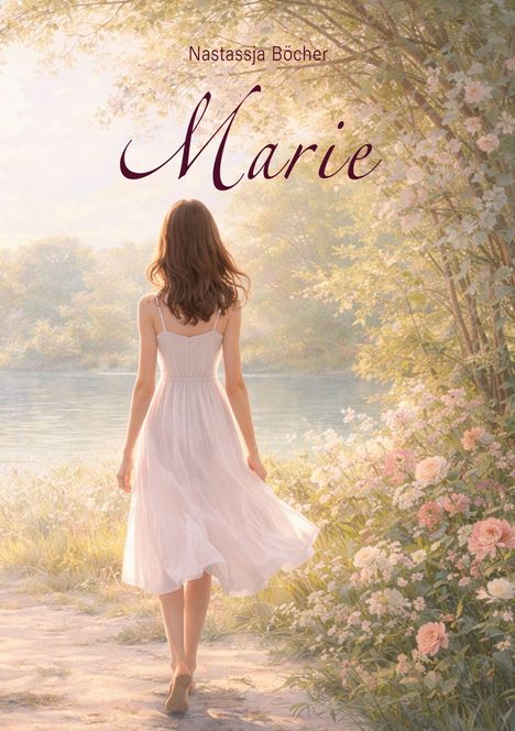 „Nastassja Böcher, Marie“. Eine Frau in einem weißen Kleid geht an einem blühenden Flussufer entlang.
