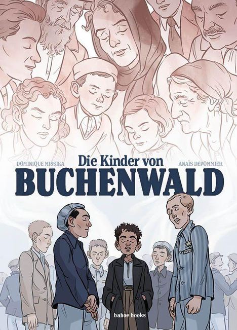 Titel: "Die Kinder von Buchenwald". Illustration von Menschen in Konzentrationslagerkleidung, einige mit gesenktem Blick.