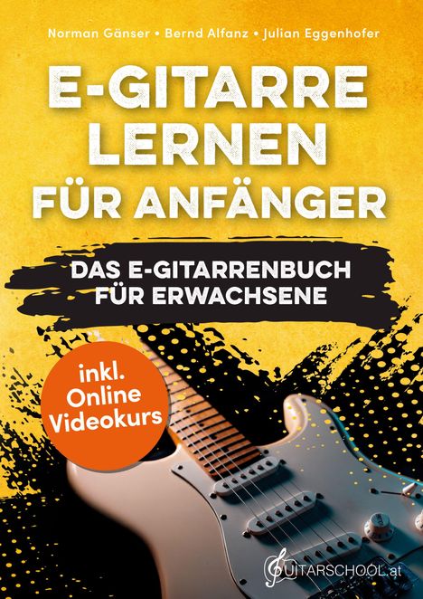 Titel: "E-Gitarre lernen für Anfänger". Gelbes Cover mit E-Gitarre, Texturen und Hinweis auf Online-Videokurs.