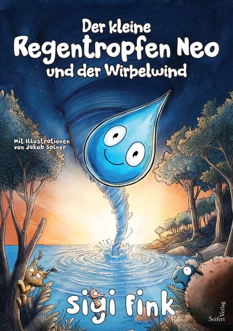"Der kleine Regentropfen Neo und der Wirbelwind", Illustration: Ein Tropfen mit Gesicht tanzt in einem Wirbelwind über Wasser.