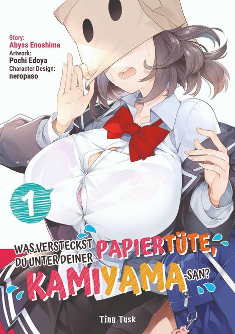 Ein Mädchen mit einer Papiertüte auf dem Kopf, trägt Schuluniform, rotes Halstuch, Bluse gespannt durch Oberweite.