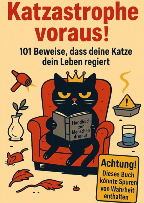 "Katzastrophe voraus! 101 Beweise, dass deine Katze dein Leben regiert" und "Achtung! Dieses Buch könnte Spuren von Wahrheit enthalten". 

Eine schwarze Katze mit Krone sitzt in einem Sessel mit einem Buch: "Handbuch zur Menschendressur". Links eine Vase und Spielzeugmaus.