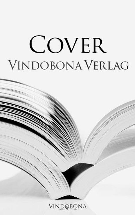 Text: "Cover", "Vindobona Verlag". Offenes Buch mit sichtbaren Seiten und schwarzem Text auf hellem Hintergrund.