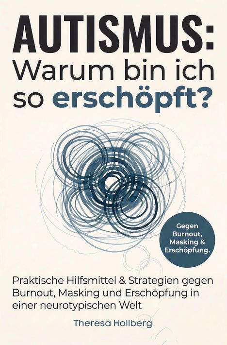 „AUTISMUS: Warum bin ich so erschöpft?“ Kreisförmiges, verschlungenes Muster in Blau-Grau.