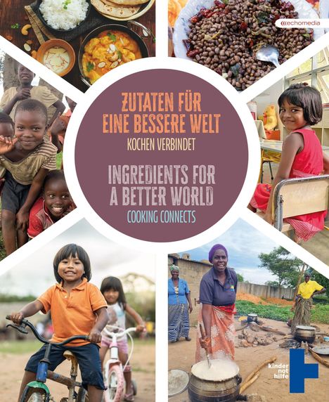 ZENTRAL „ZUTATEN FÜR EINE BESSERE WELT“, „KOCHEN VERBINDET“. Umgeben von fröhlichen Menschen und Lebensmitteln.