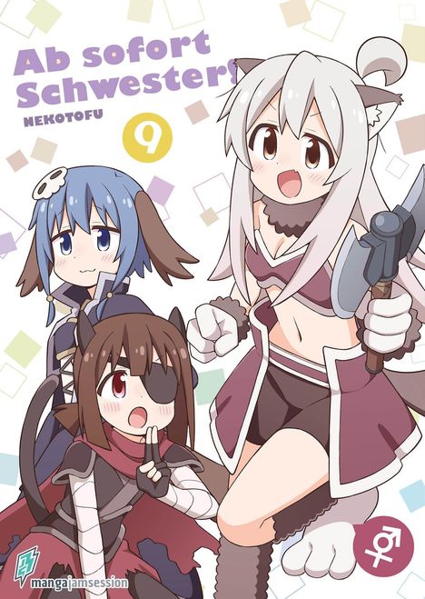 "Ab sofort Schwestern! NEKOTOFU 9". Drei Anime-Charaktere, darunter ein Mädchen mit Katzenohren und eine mit Augenklappe.
