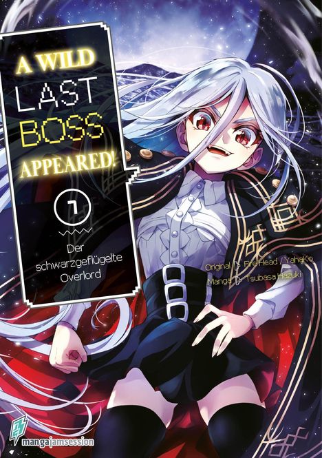 "A WILD LAST BOSS APPEARED! Der schwarzgeflügelte Overlord." Eine Manga-Illustration mit einer Figur im Vordergrund.