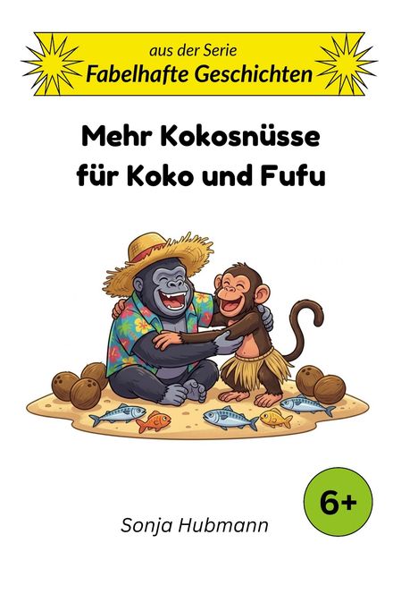„Mehr Kokosnüsse für Koko und Fufu“. Illustration: Ein Gorilla und Affe sitzen fröhlich mit Kokosnüssen und Fischen.