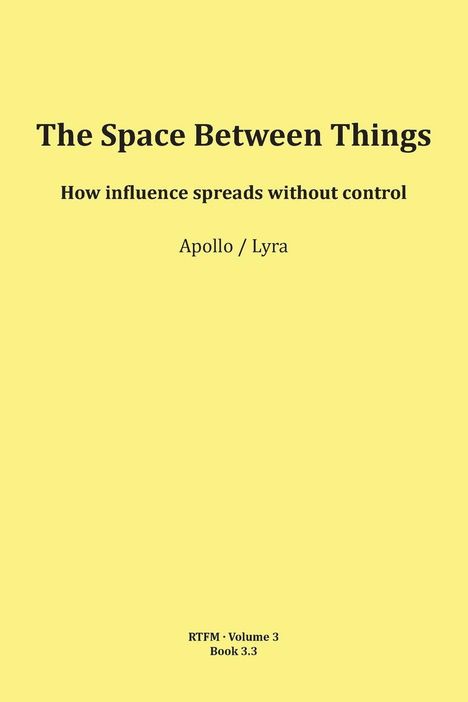 "The Space Between Things: How influence spreads without control. Apollo / Lyra. Gelber Hintergrund, schwarzer Text."