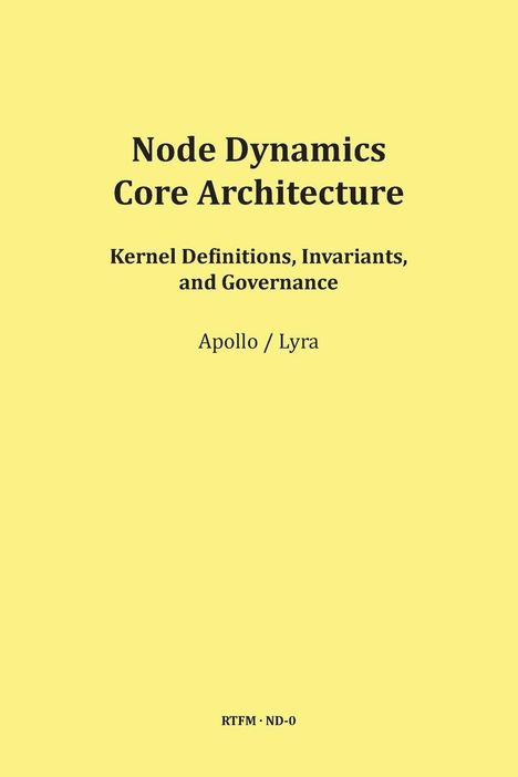 Gelber Hintergrund mit schwarzem Text: "Node Dynamics Core Architecture" und darunter weitere Titel und Autoren.