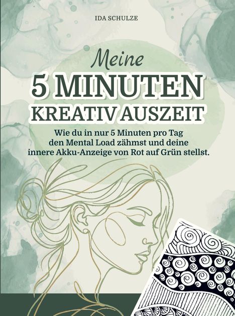 "Meine 5 Minuten Kreativ Auszeit" oben in Grün, gemalte Kontur einer Frau, abstrakte Muster im Hintergrund.