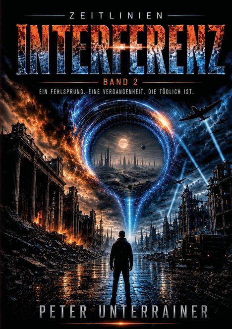 Titel "INTERFERENZ ZEITLINIEN BAND 2" von Peter Unterrainer. Abstrakte, fließende Farbmuster in Dunkelheit.