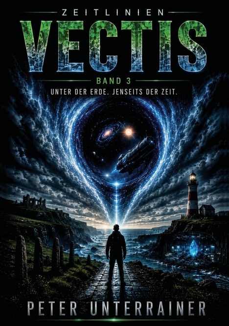 „Zeitlinien Vectis Band 3: Unter der Erde. Jenseits der Zeit.“ Dunkler Mann vor strahlend blauem Strudel im Himmel.