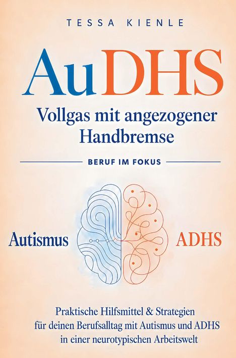 Titel: "AuDHS: Vollgas mit angezogener Handbremse". Illustration eines Gehirns; links "Autismus", rechts "ADHS".