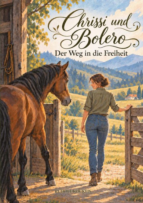 "Chrissi und Bolero. Der Weg in die Freiheit." Frau führt ein Pferd aus einem Stall, umgeben von Bergen und Natur.
