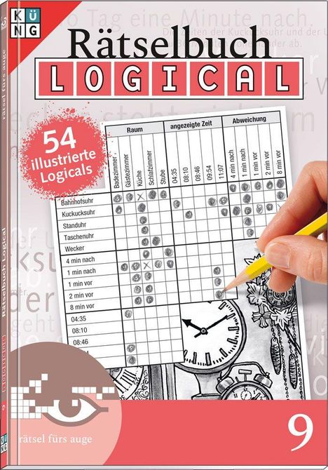 "Rätselbuch Logical", "54 illustrierte Logicals", Tabelle mit Uhrzeiten, Hand mit Stift; Logo mit Auge, Nummer 9.