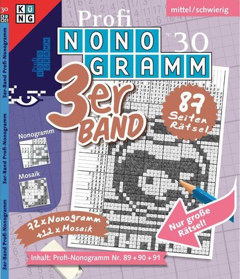 "3er Band, 87 Seiten Rätsel, 72 x Nonogramm, 12 x Mosaik, Nur große Rätsel, Inhalt: Profi-Nonogramm Nr. 89 + 90 + 91." Cover mit Nonogramm-Puzzle.