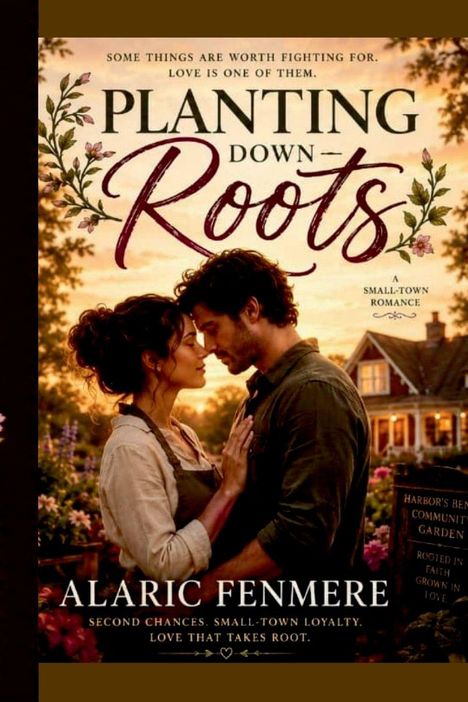 "Planting Down Roots" von Alaric Fenmere: Ein Paar steht sich innig gegenüber vor einem Haus bei Sonnenuntergang.