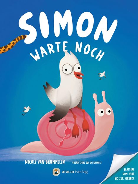 „SIMON WARTE NOCH“. Eine Möwe sitzt auf einer Schnecke, zwei kleine Vögel fliegen daneben. Ein Logo unten.